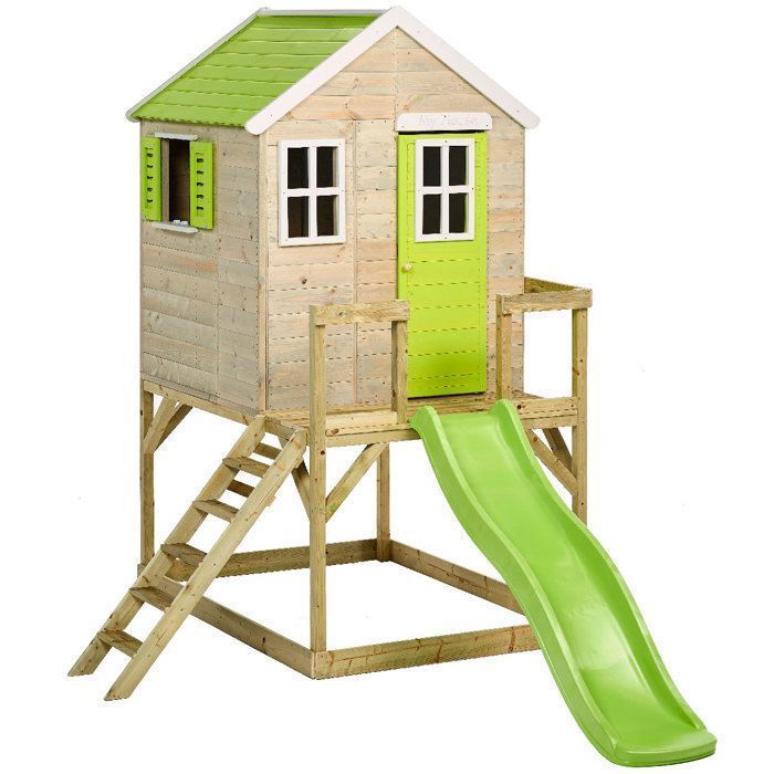 KANGUI Maison de jardin enfant extérieur - Cabane en Bois avec plateforme et toboggan - Toit étanche - Vert et Blanc