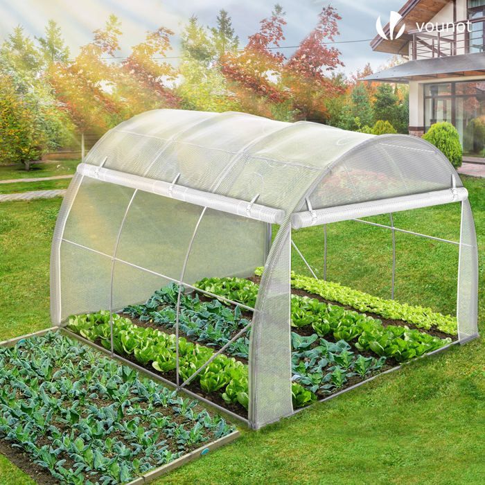 VOUNOT® Serre de jardin tunnel Toute Saison 9m² blanc - acier galvanisé - fenêtres et portes latérales zippées enroulables