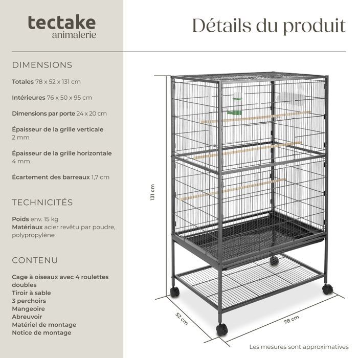 Cage à oiseaux - TECTAKE - Volière à roulettes PAPAGENO 78 x 52 x 131 cm en acier avec 1 mangeoire et 3 perchoirs
