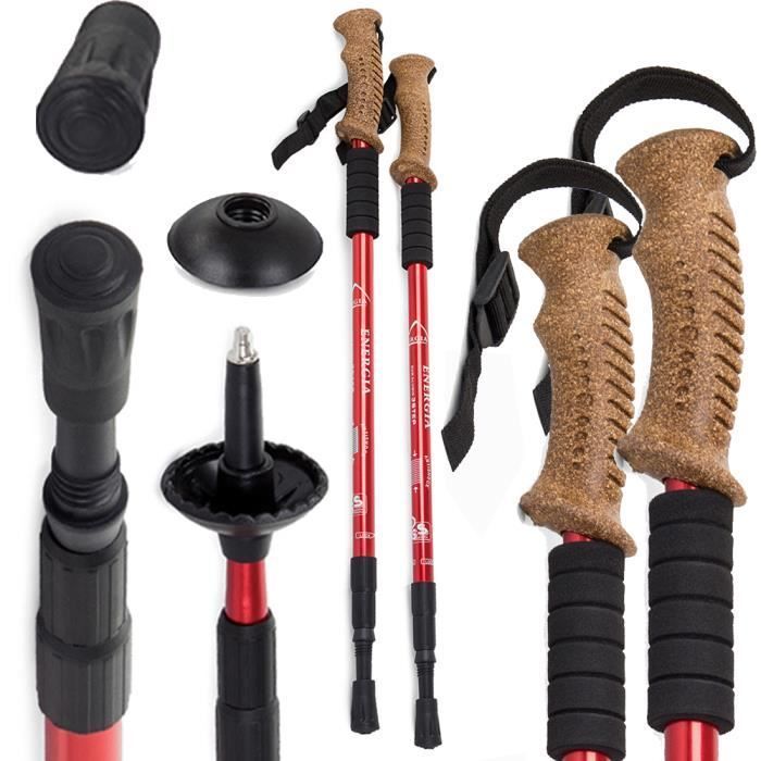 2 BASTONES DE CAMINAR NÓRDICOS ROJOS DE MADERA Y ALUMINIO ENERGIA CON RESORTE RESISTENTE A LOS GOLPES