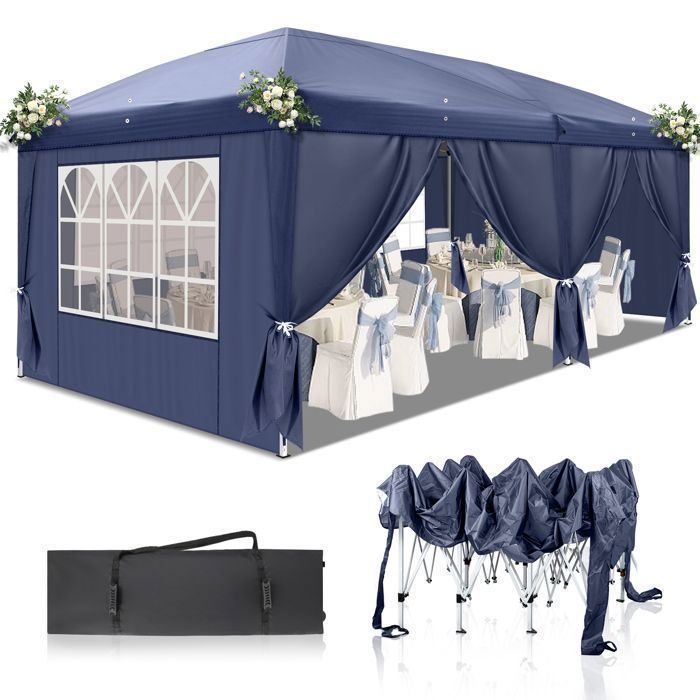 Tonnelle Pliante 3x6m establo impermeable, tonelada de jardín exterior Anti-UV, bolsa de transporte - Azul