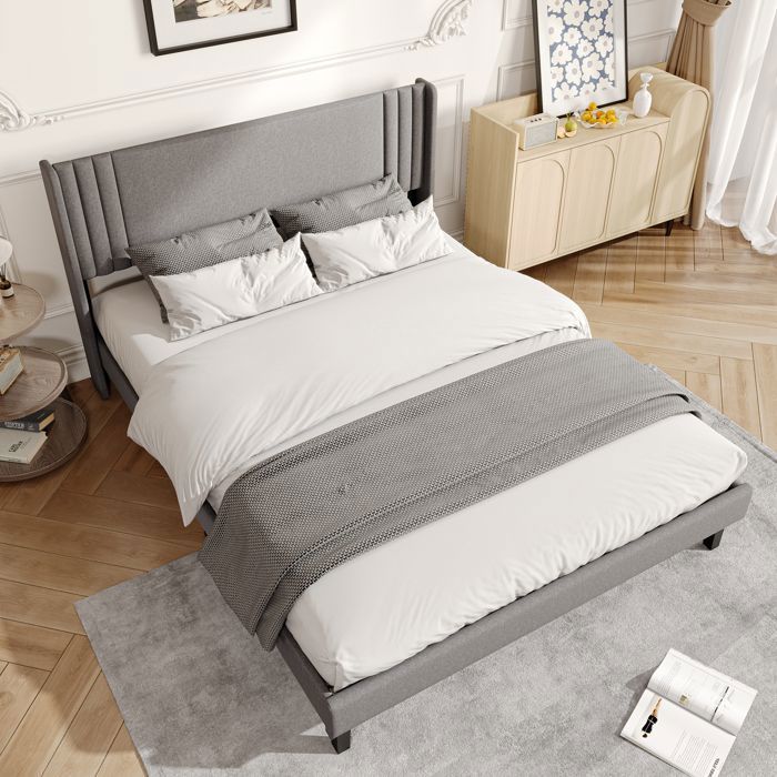 Lit double - Lin gris - 160x200 cm - Sommier à lattes inclus - Tête de lit capitonnée