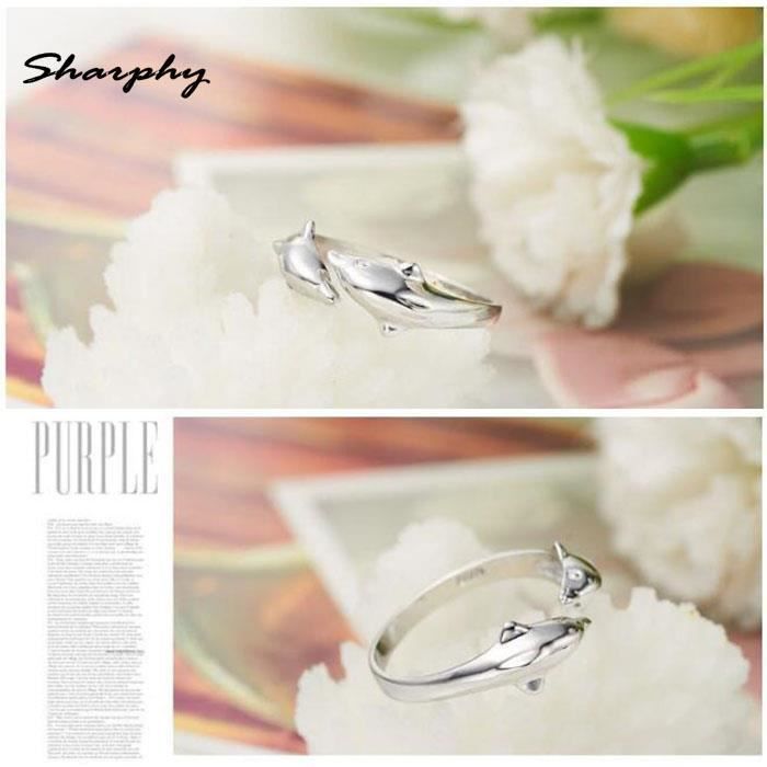 SHARPHY® Women's Ring 925 Sterling Silver Two Dolphins Love Adjustable Ring Silver