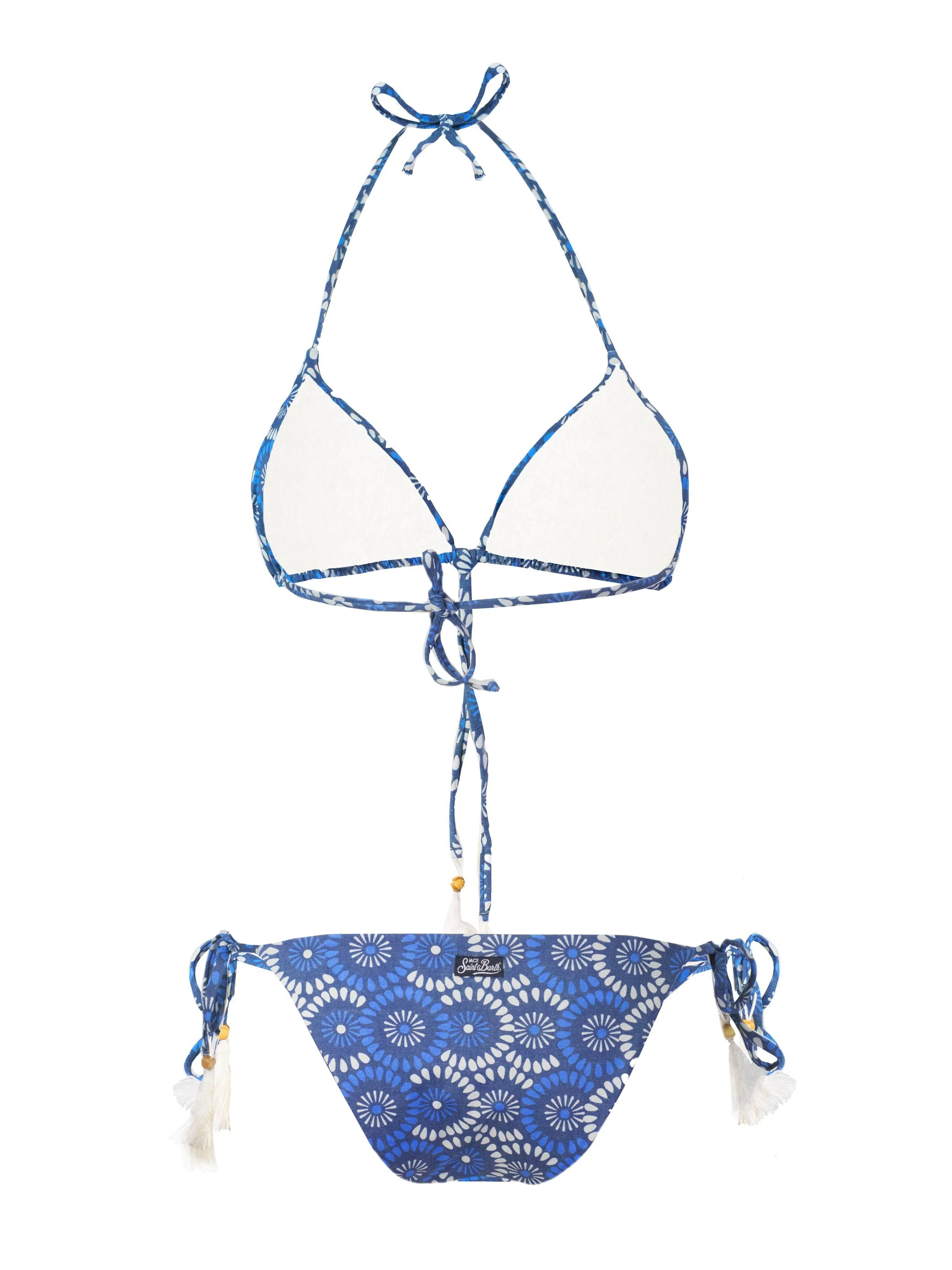 Driehoekige bikini met bloemenprint op denim.