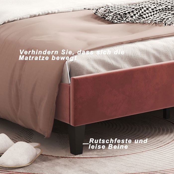 Cama infantil de 90x200 cm con somier de láminas, cama de niña con cabecero en forma de flor, estructura de madera, tela de terciopelo rojo.