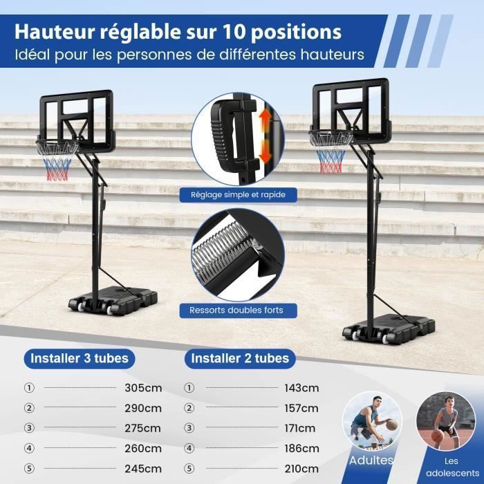 Aro de baloncesto portátil independiente COSTWAY - 2 ruedas - Ajustable de 143 a 305 cm - Aro trasero de 111 cm - Base recargable - Bolsa de seguridad