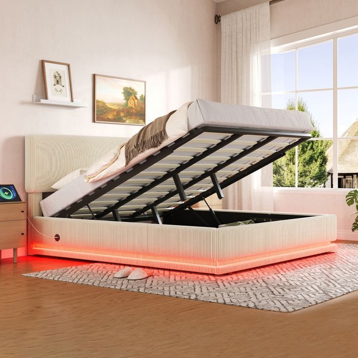Cama con almacenamiento de 180x200 cm - con almacenamiento integrado, iluminación LED y carga USB-C, cabecero ajustable, base de láminas incluida - Pana - Beige