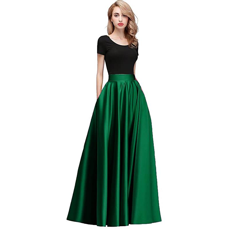 Jupe longue en satin pour femme, taille haute, style habillé, idéale pour les bals de fin d'année. Poches et fermeture éclair au dos.