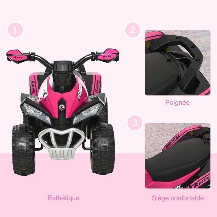 Porteur enfants quad 12-36 mois dim. 67L x 38l x 44H cm effets lumineux et sonores rose noir