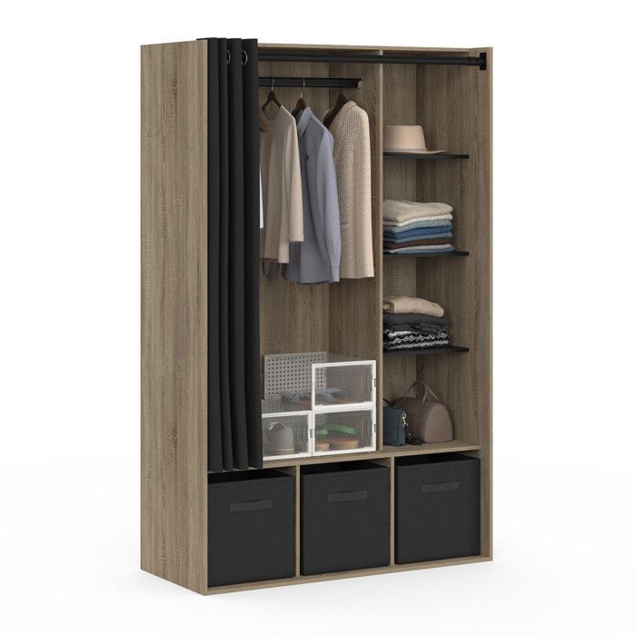 IDMARKET Dressing penderie DIANE 105 x 45 x 167 cm hêtre avec étagères + boites de rangement + rideau noir