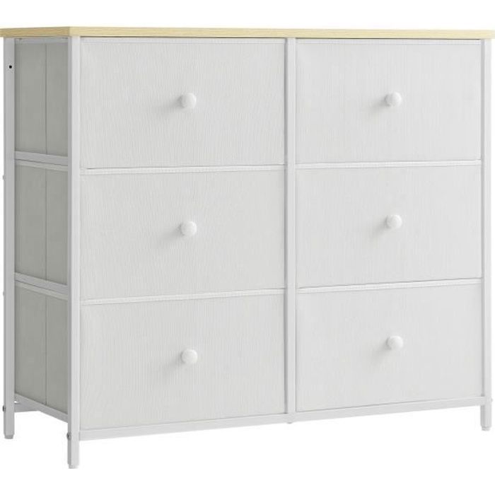 SONGMICS Commode, Meuble de Rangement avec 6 Tiroirs en Tissu, Meuble à Tiroirs avec Cadre Métallique, Plateau, Blanc et Chêne