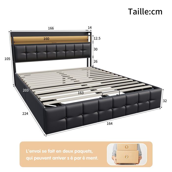 160 x 200 cm storage bed, 160x200 bed with slatted base, adult bed with USB port and LED, bed frame, with headboard, Black, PU
