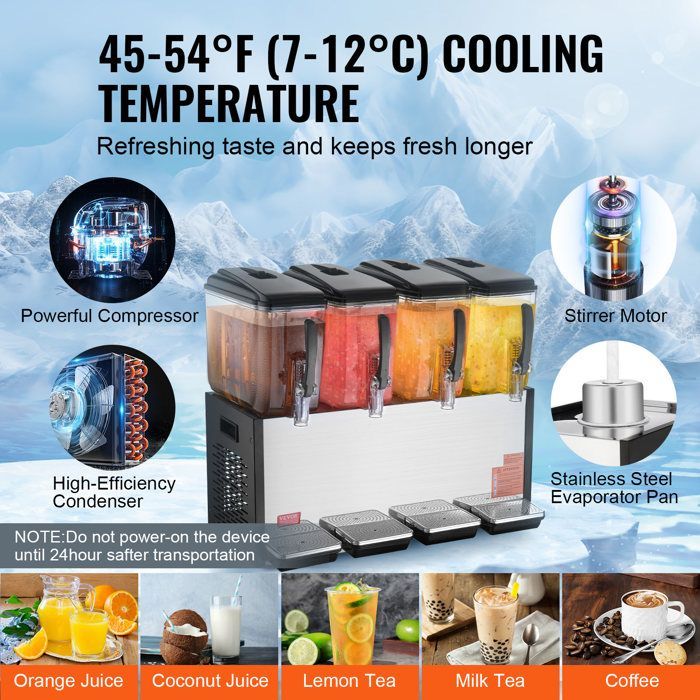 Dispensador de bebidas comercial - VEVOR - 510W - Dispensador de zumos con 4 depósitos de 12L - Restaurante, bar