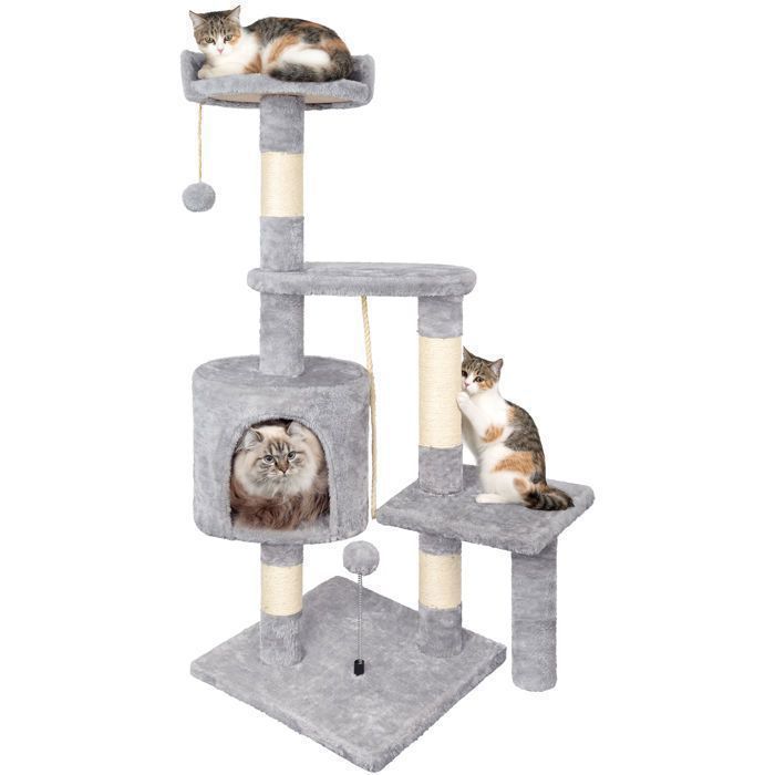 Gris Arbre à Chat,112cmTour de Jeux Stable pour Chat,Arbre à Grimper Multi-Niveaux avec4Poteaux en Sisal,3Plateformes