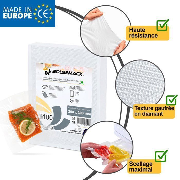 Sacos a vácuo COMBO MAISON com relevo, próprios para contato com alimentos e compatíveis com todos os tipos de equipamentos de selagem a vácuo.