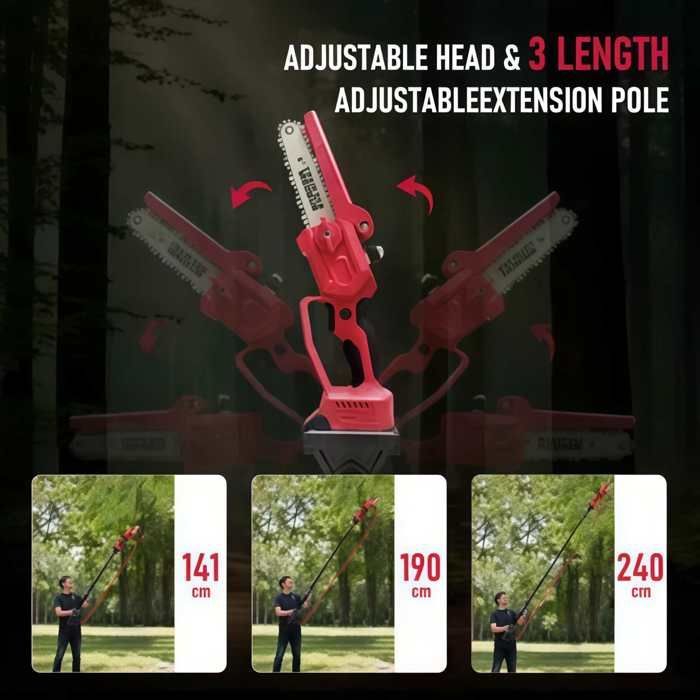 Kit de jardinería 4 en 1 de 21 V: Podadora eléctrica + sierra, pértiga telescópica de 141-240 cm, cabezal de 180°, 2 baterías de 2000 mAh, aluminio.