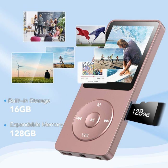 Lecteur MP3 avec Longue Autonomie, MP3 16Go Musique HiFi sans Perte Baladeur Multifunctions Radio, Supporte Carte Micro Sd 64Go