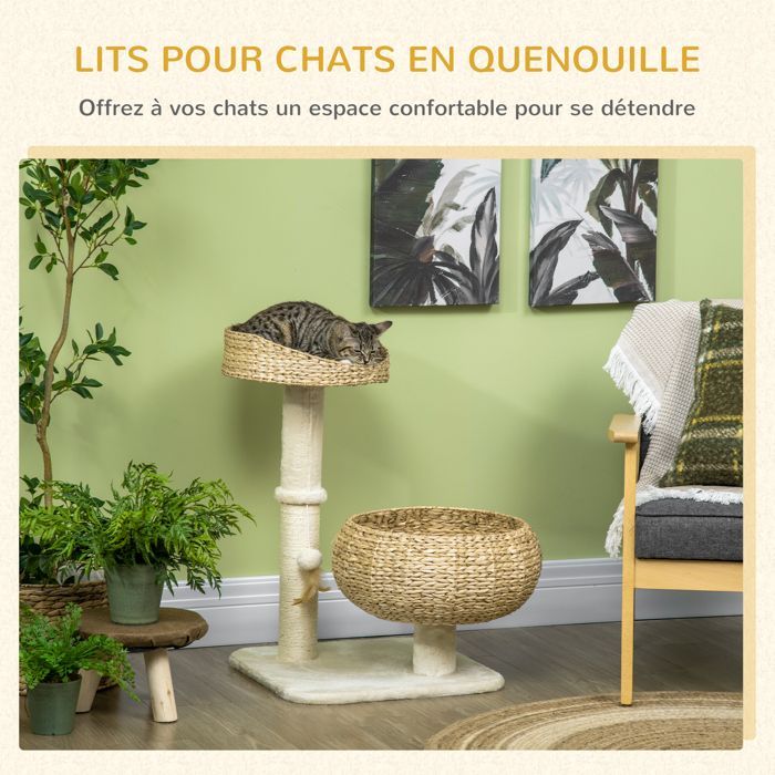 Arbre à chat - PawHut - griffoir 2 niveaux hauteur 72 cm poteau sisal niche plateforme - peluche - beige