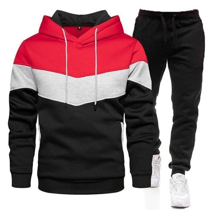 2-Piece Men's Cotton Tracksuit Set: Casual Hoodie, Long-Sleeve Pullover Sweatshirt, and Track Pants - Red
