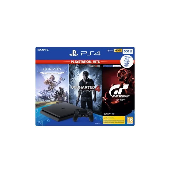 Console PS4 SLIM - 500 GB Black Hits Pack GT/HZD/UC4 Jeu Playstation 4
