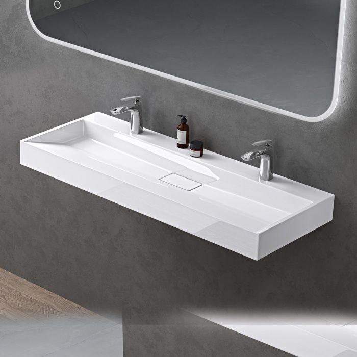 Lavabo mural Doporro con desagüe, blanco, 120x46x11cm, lavabo rectangular con 2 orificios, Colossum19