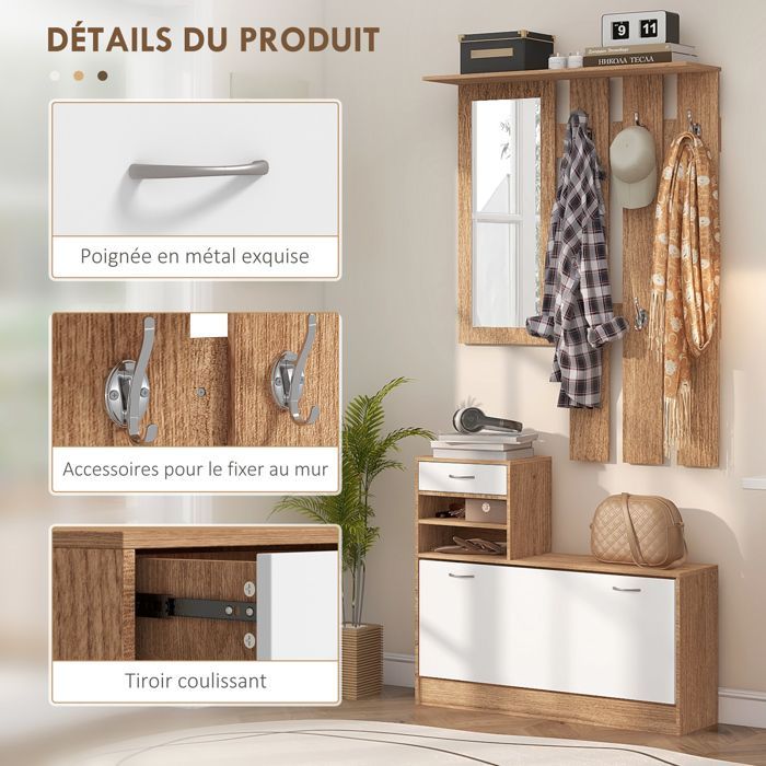 Hallway unit with coat rack panel, mirror and shoe bench - 6 hooks and adjustable shelf