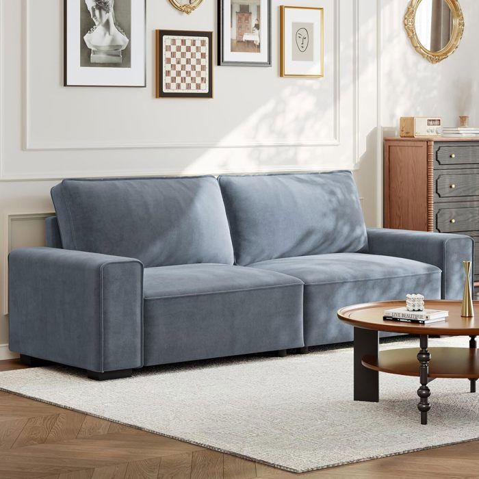Comfortable 3-seater sofa in grey chenille, sofa with wide armrests, thick spring cushions for living room, 220×82×84cm