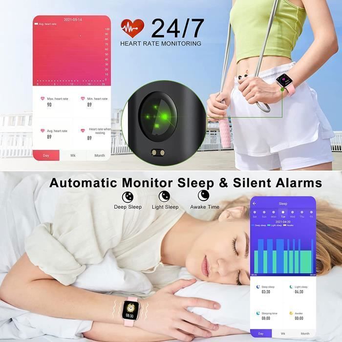 Montre connectée bleue 1,69pouces, étanche, cardiofréquencemètre, suivi de sommeil, tracker d'activité et contrôle de la musique