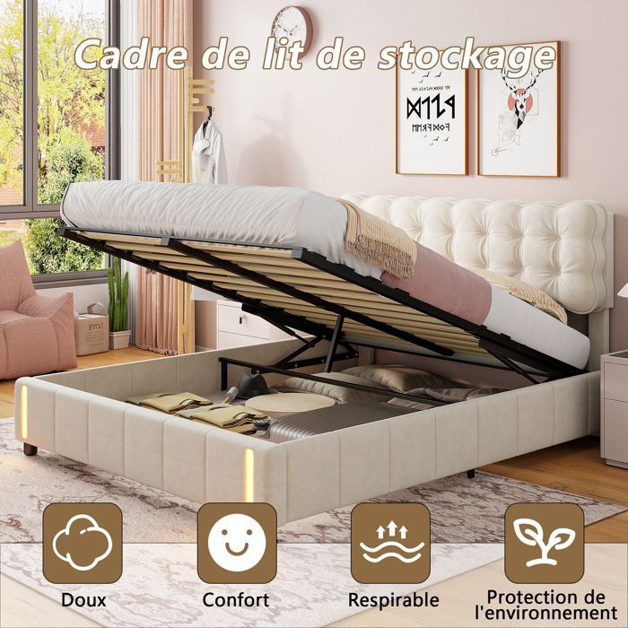Letto matrimoniale 160x200 cm con contenitore, letto contenitore con illuminazione a LED, letto imbottito con rete a doghe, letto per adulti, velluto, beige