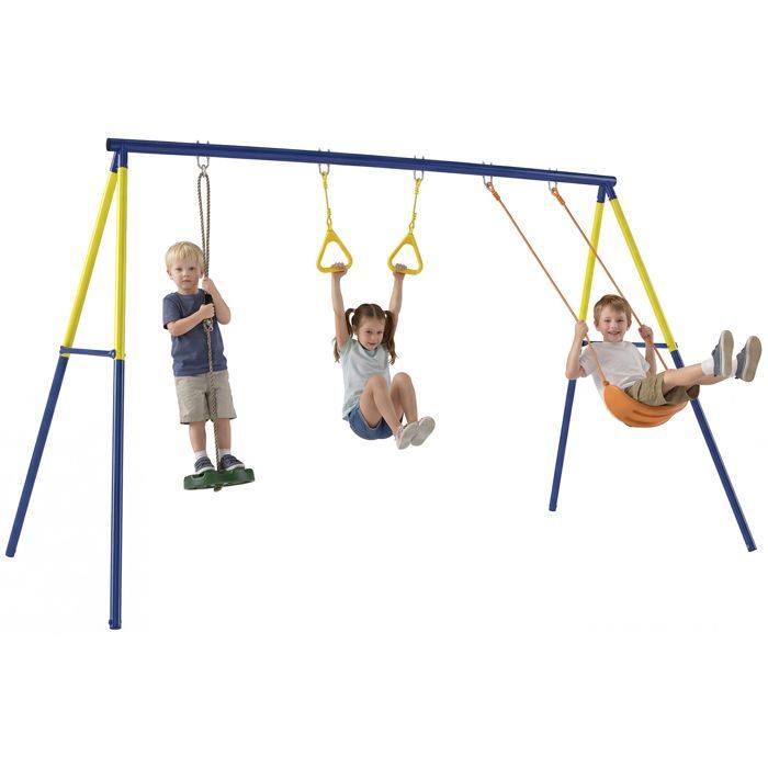 Children's Swing Set - AIYAPLAY - 3 in 1 - 2 Swings, 2 Gymnastic Rings - Steel - 285x160x181cm - Multicoloured