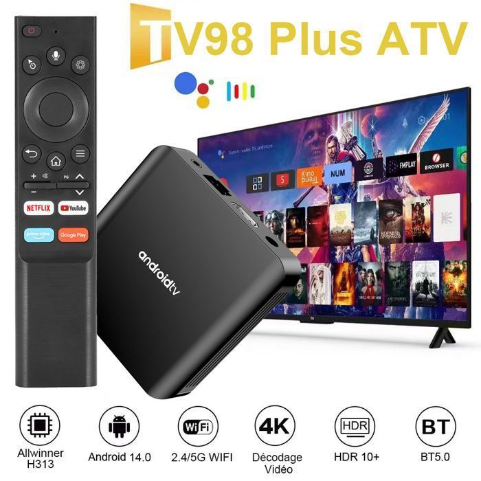 Boîte TV Android TV98 Plus, OUTUOTWQ Android 14 TV Box 2 GB RAM 16 GB ROM WiFi 2.4G/5G HDR10+ Video 4K Compatible Netflix YouTube