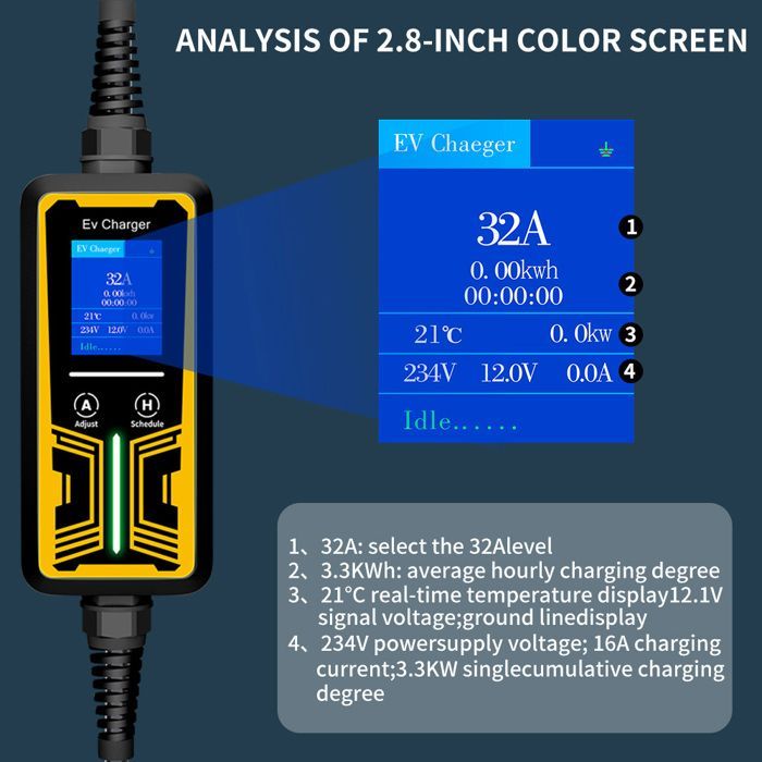 Cargador para vehículos eléctricos tipo 2, 32 A, 3,5 kW - Resistente al agua (IP66) - Cable de 3,5 m - Compatible con todos los vehículos eléctricos (IEC62196/GB/T)