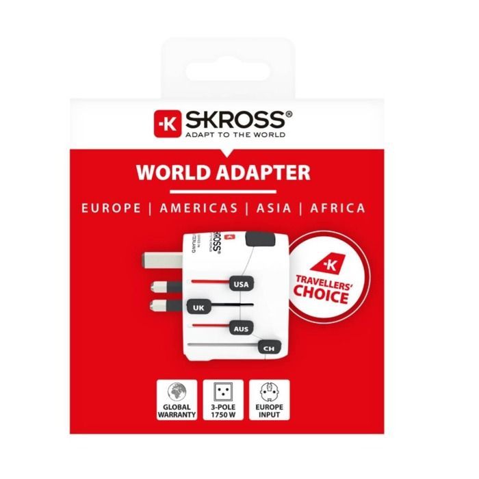 Adaptador y convertidor - SKROSS - 3 polos, 150 países - Universal - Blanco - 1750W