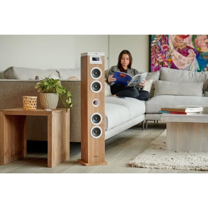 Altavoz de torre - THOMSON - Bluetooth/CD/USB/SD - Blanco/Madera - 60W - Radio FM