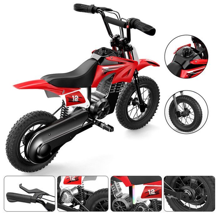Moto électrique Enfant A12-Rouge-12''-350W-36V5,2 Ah-Charge Maximale 70 kg-Trois Vitesses-Sonnette-Autonomie 22 km-Tout terrain