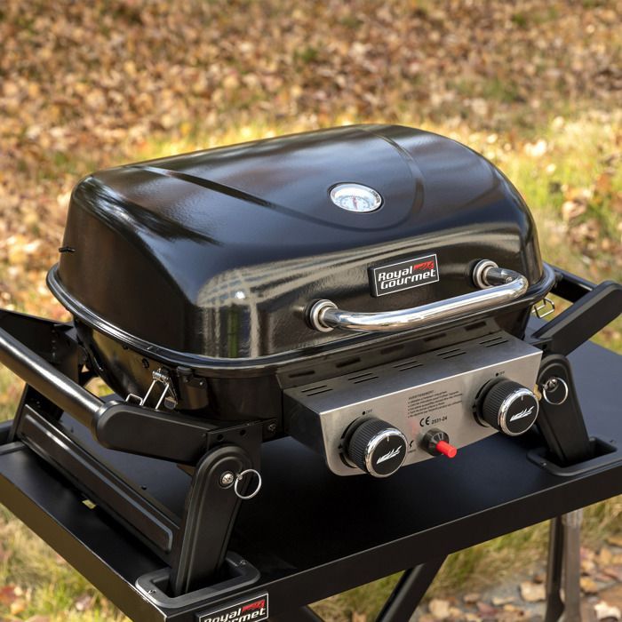 Royal Gourmet draagbare gasbarbecue met afneembare wagen - 2 branders, 5 kW vermogen, kookoppervlak 48 x 37 cm