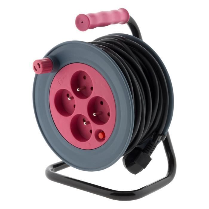 Carrete de cable doméstico ZENITECH de 15 m - 4 tomas 2P+E - Cable 3G1 mm² - Rosa