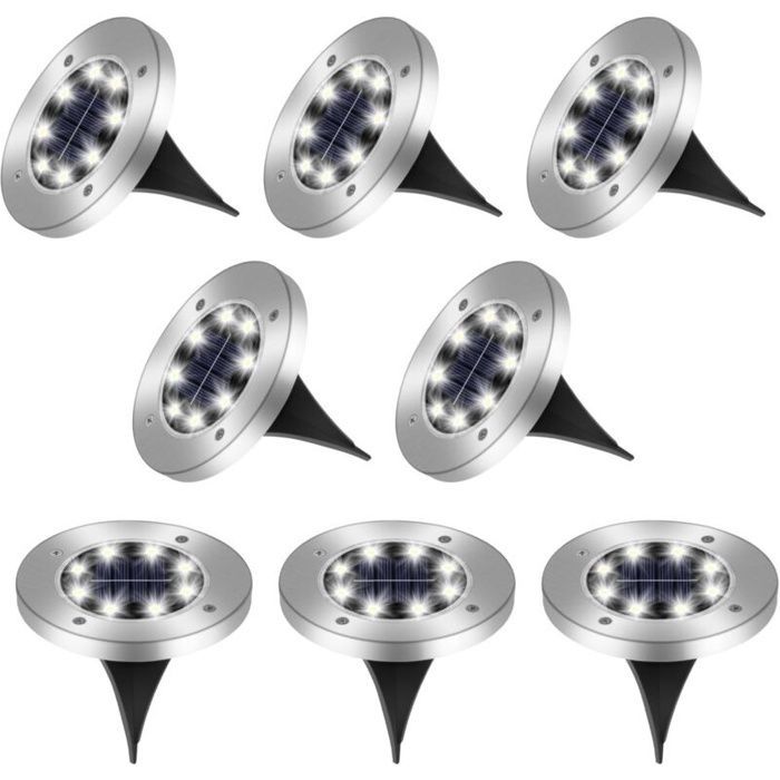 Set di 8 faretti LED solari da esterno AIMOONSA IP65 - Acciaio inossidabile/ABS, luce bianca fredda, 600 mAh, accensione automatica