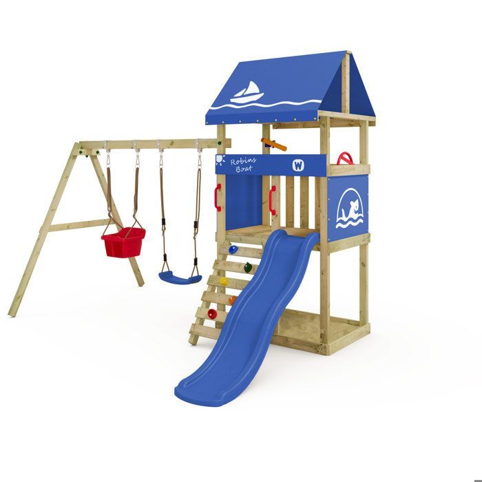 Aire de jeux WICKEY DinkyHouse – Toboggan 175 cm bleu et balançoire avec siège bébé – Un univers d'aventures pour les tout-petits