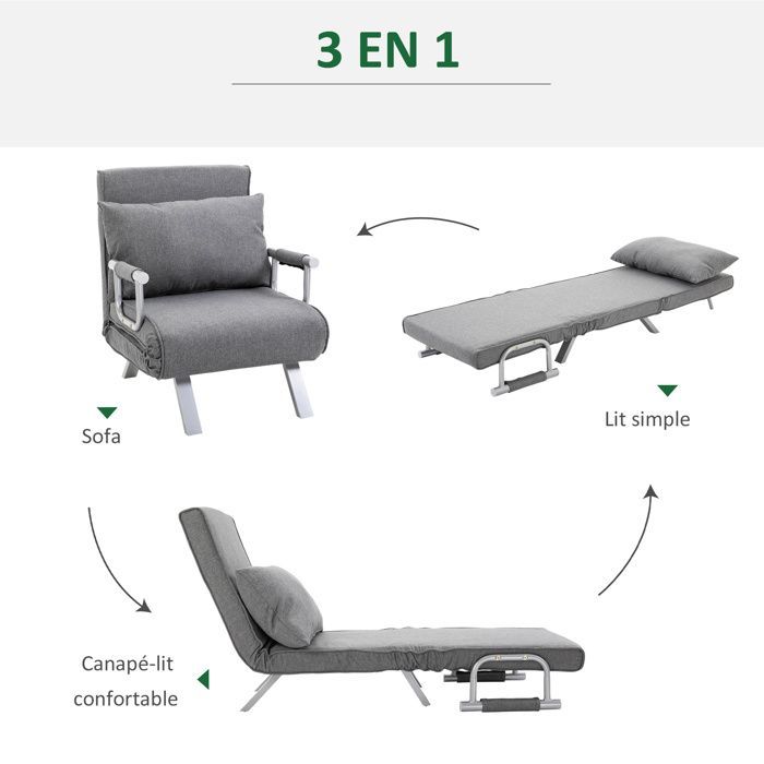Poltrona/divano letto trasformabile - HOMCOM - 1 posto con rivestimento sfoderabile, alto comfort, gambe in metallo - lino - grigio chiaro