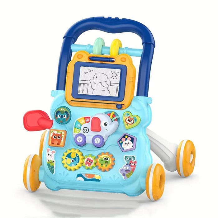 Andador de velocidad ajustable, estable, amortiguador, antideslizante, con bandeja de juego multifuncional - Bidireccional - Azul