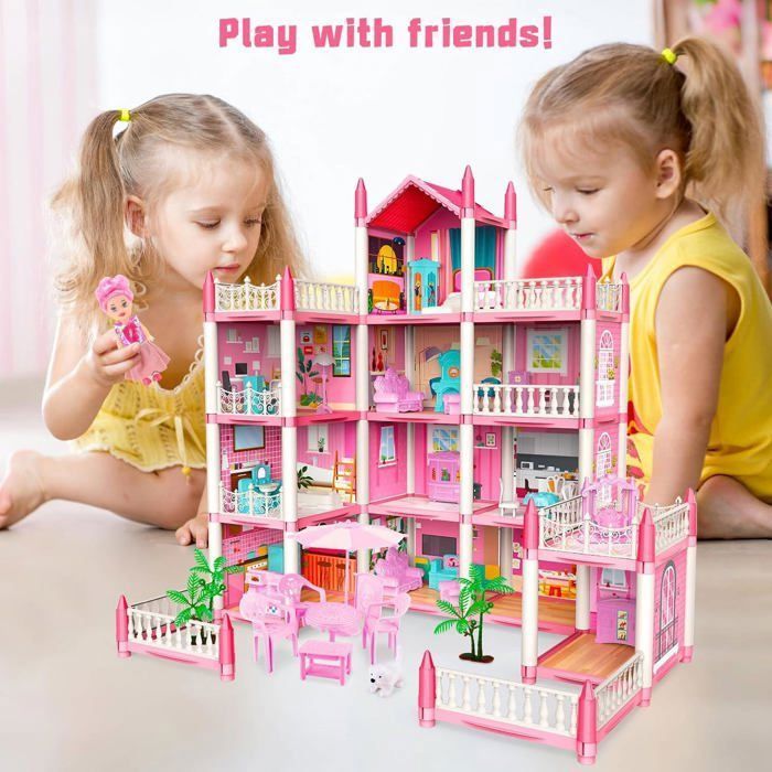 Casas de muñecas para niñas con muebles y decoración, 11 habitaciones, 4 figuras, 4 pisos, luces, regalo DIY para