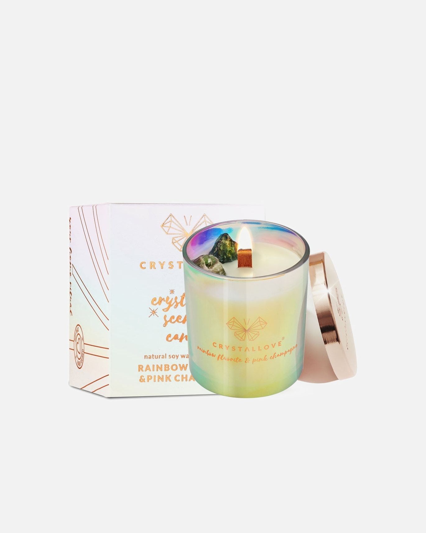 Crystallove Rainbow Fluorite Sojina sveća i šampanjac - 1 komad