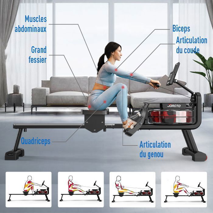 JOROTO MR23 Rameur à eau 14L Réservoir d'eau 12 lames agrandies avec LCD Ecran Support de Téléphone Connexion Bluetooth et App