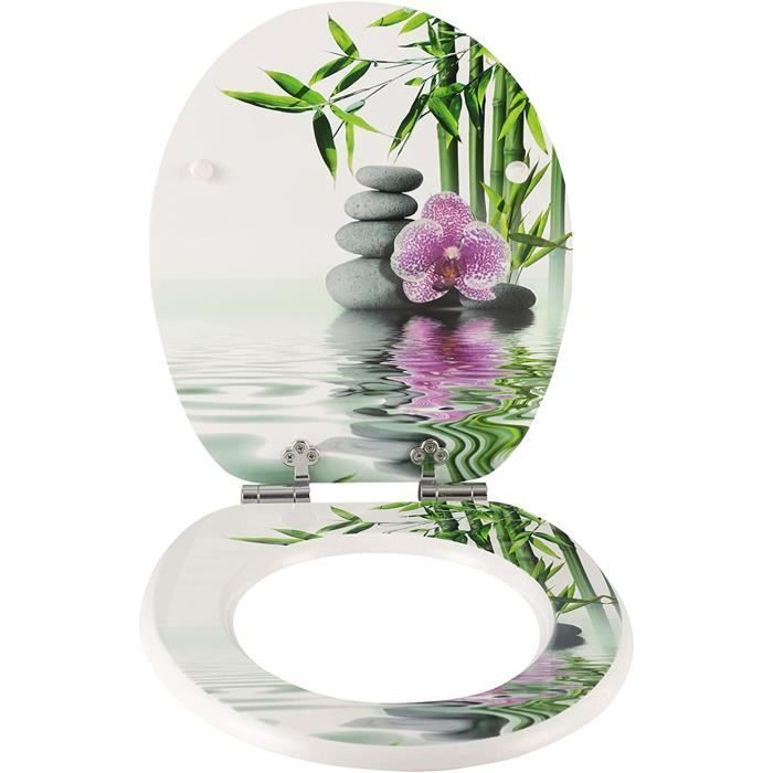 WOLTU MDF Wood Toilet Seat, Soft Close with Slow-Close Mechanism, Zinc-Plated and Adjustable Hinges, Flower Stone