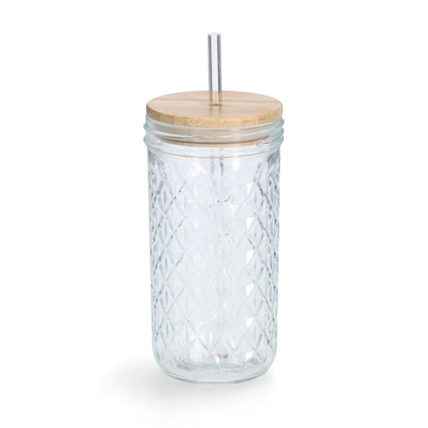 Szklanka z metalową słomką i wieczkiem z bambusa, 580 ml