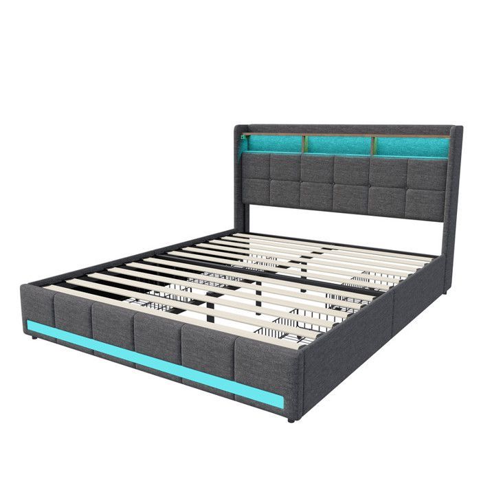 Lit 140 x 190 avec sommier,lit 2 personnes avec tiroirs,LED et USB,lit double capitonné avec cadre à lattes de bois,lin gris