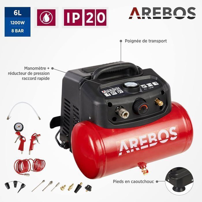 Compressore d'aria AREBOS - Modello con kit da 13 pezzi - Senza olio - Spegnimento automatico - 6 L