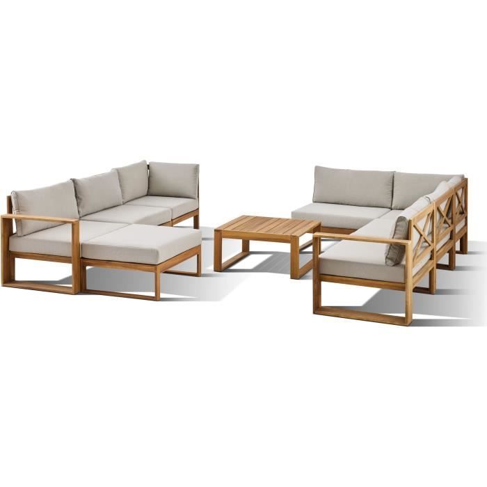 Conjunto modular de jardín esquinero LEVATA XXL - Madera de acacia con certificación FSC - 9 plazas - Gris lino + Funda incluida