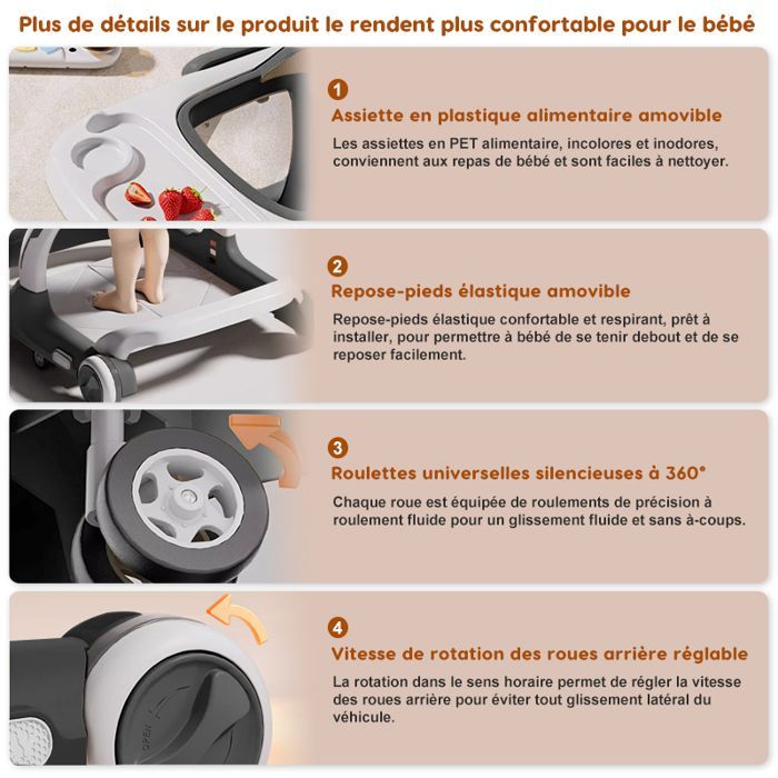Andador convertible 2 en 1 para bebés - Altura y velocidad ajustables - Bandeja para comida, música Bluetooth, alfombra de juegos, juguete para empujar - De 7 a 18 meses - Gris